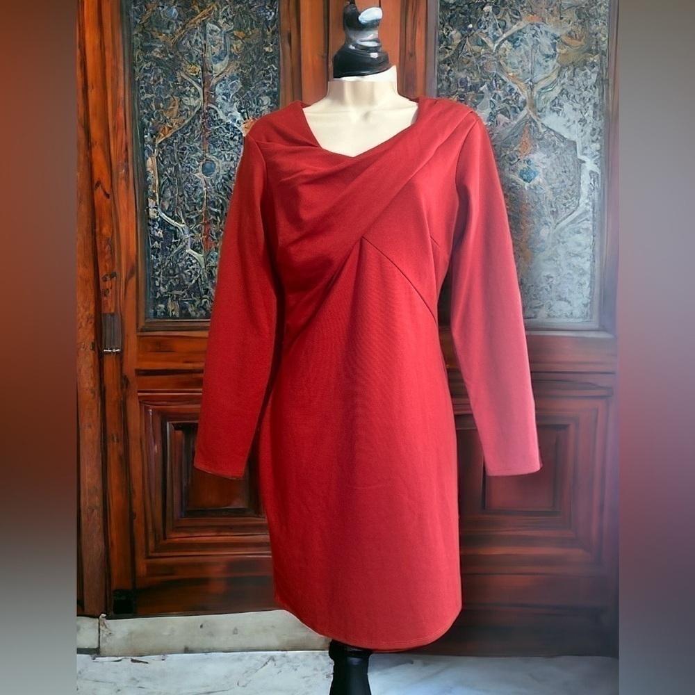 W118 by Walter Baker Red Brooke Midi Dress Scoop Neck Zip Back Long Sleeve